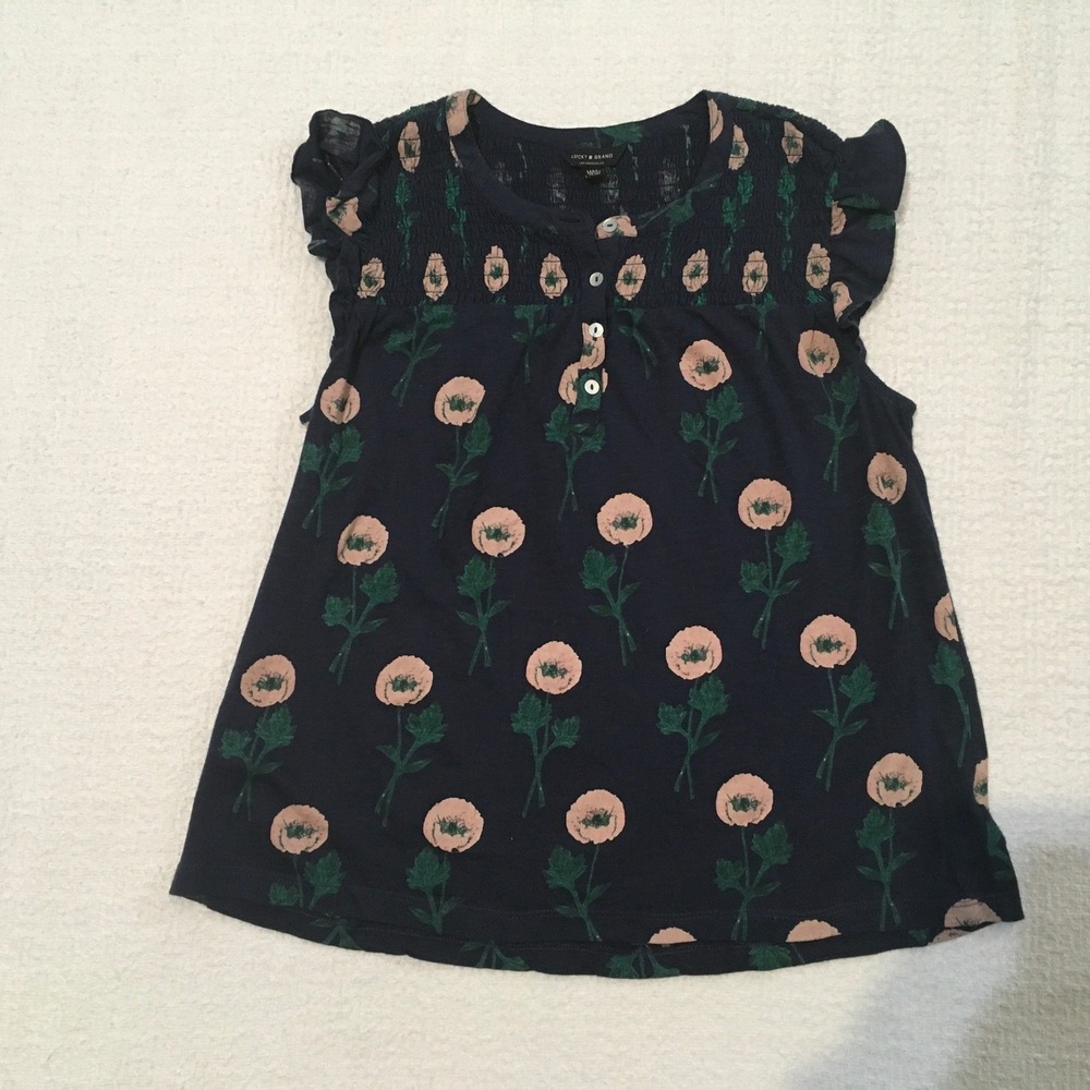 Lucky Brand Navy Floral Ruffle Sleeve Blouse